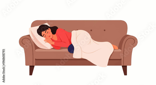 Vector flat design illustration of a woman peacefully sleeping on a couch with a pillow and blanket