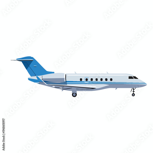 Sleek white jet with blue accents, parked on a white background