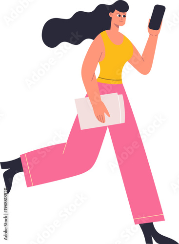 Busy woman rushing checking smartphone holding documents