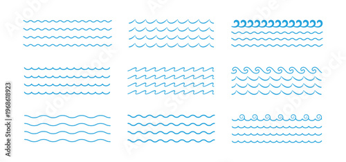 Set of wave line. Ocean waves line set. Water Waves, Sea Lines, and Surf Elements. Blue water waves. Vector illustration