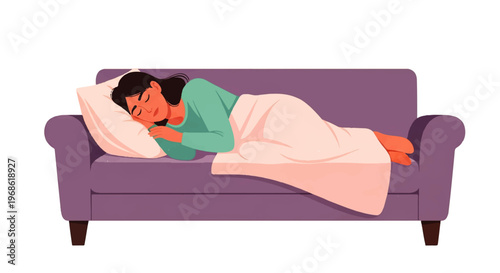 Vector flat design illustration of a woman peacefully sleeping on a comfortable purple sofa covered with a blanket