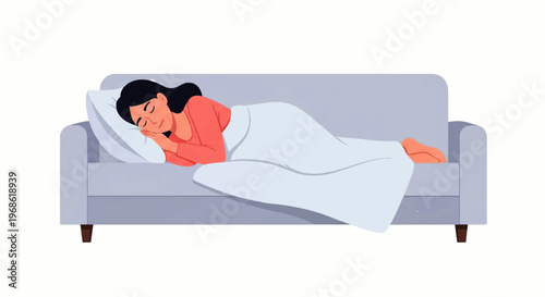 Vector flat design illustration of a woman peacefully sleeping on a couch with a pillow and blanket