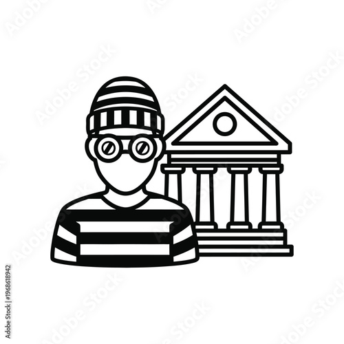 Minimalist line icon of a burglar in a striped shirt and beanie standing in front of a bank building, representing financial crime, bank robbery, and security threats.
