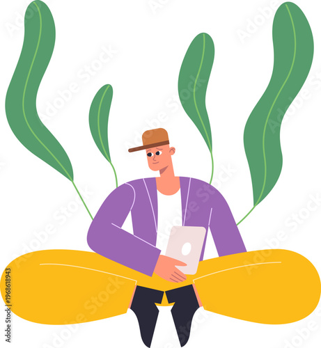 Man relaxing in nature connecting with tablet