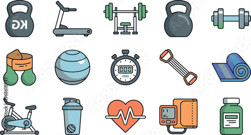 Fitness Equipment and Wellness Icons Set with Kettlebell Treadmill Bench Press Yoga Mat and Health Symbols