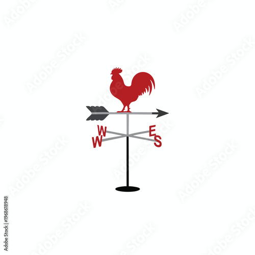 A red rooster weathervane points west, with cardinal directions below
