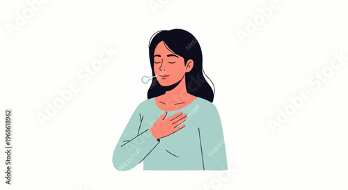Vector flat design illustration of a woman with her hand on her chest, looking stressed or in pain, in a minimalist