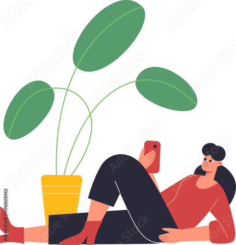 Woman relaxing on floor using smartphone connecting online