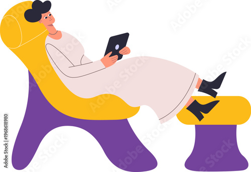Woman relaxing in lounge chair reading digital tablet