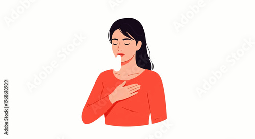 Vector flat design illustration of a woman in an orange shirt with her hand on her chest, expressing emotion or honesty