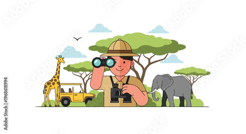 Safari Adventure Illustration with Explorer, Giraffe, and Elephant