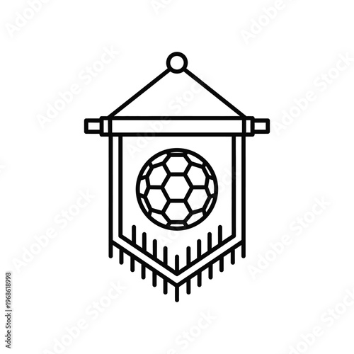 Minimalist black line icon of a soccer pennant featuring a football ball, ideal for sports team branding, athletic competition memorabilia, and fan club merchandise.
