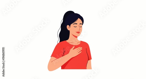 Flat design illustration vector of a woman with long black hair wearing a red t-shirt, standing with her hand on her chest against a clean white background.