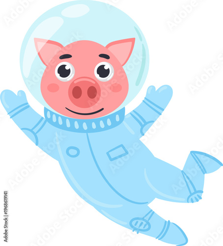 Pig astronaut flying in space wearing spacesuit helmet