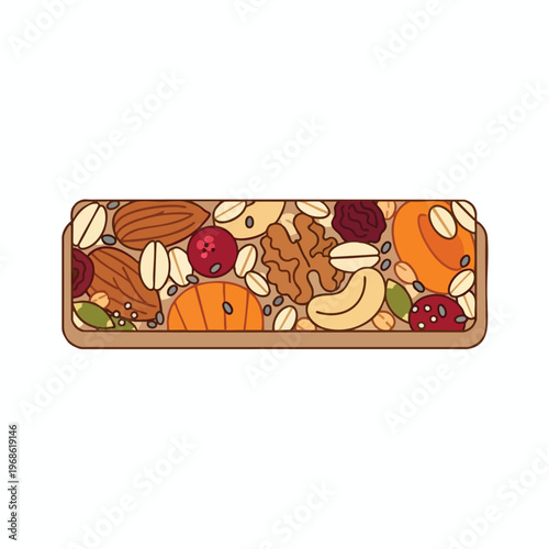 Rectangle bar overflowing with diverse nuts, seeds, dried fruit, and oats