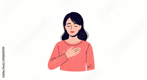 A woman with long black hair and a pink shirt is standing with her hand on her chest in a flat design illustration vector style against a white background.