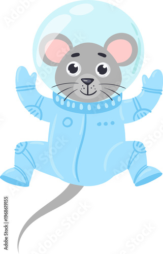 Little mouse astronaut floating in blue spacesuit