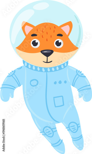 Cute fox astronaut floating in light blue spacesuit