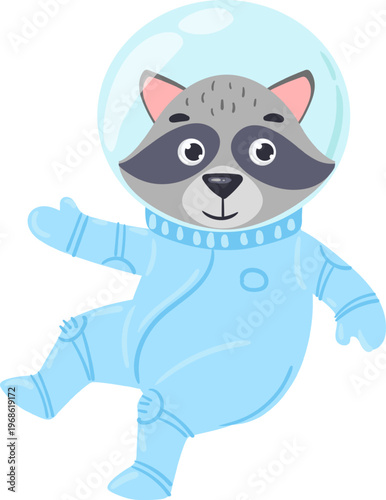 Raccoon astronaut character exploring space journey