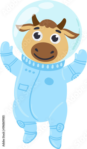 Cute bull astronaut floating in space suit
