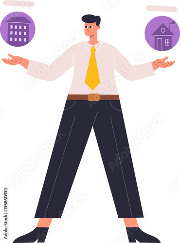 Man balancing apartment and house real estate options