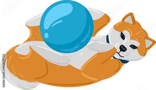 Dog playing on back enjoying blue toy ball