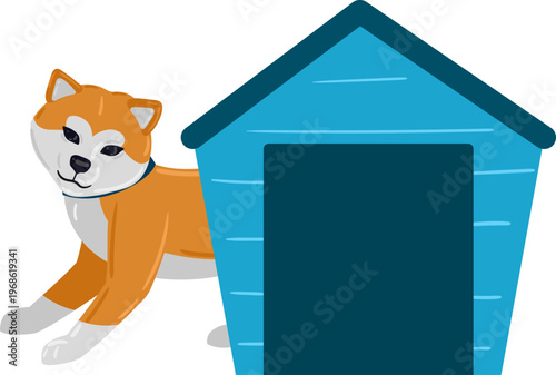 Dog peeking from blue doghouse illustration