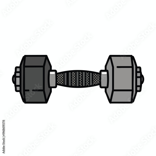 A gray dumbbell with a textured grip is isolated on a white background