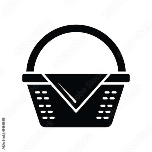 Minimalist black silhouette icon of a picnic basket with a handle and cloth napkin, ideal for outdoor dining, summer leisure activities, and food delivery branding.