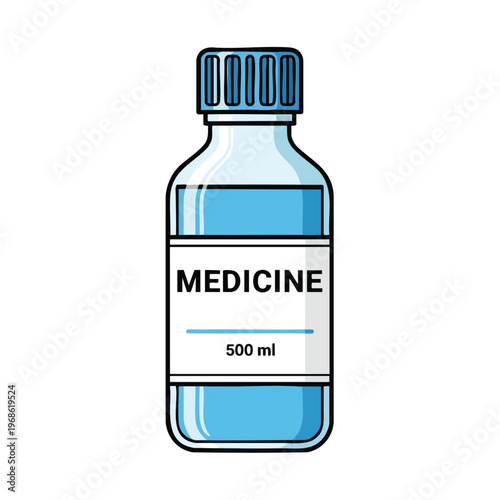 Blue liquid fills a clear bottle labeled "MEDICINE" with a 500 ml volume