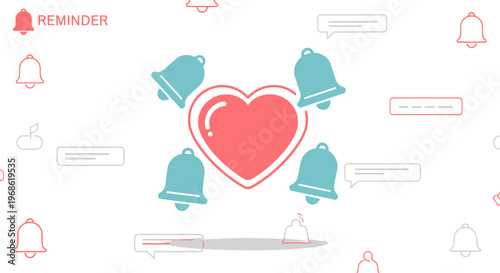 Heart Icon Notification Bells and Chat Bubbles, Reminder Concept
