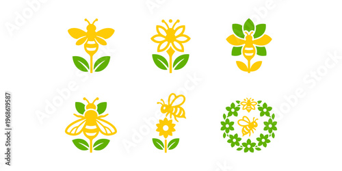 Collection of honey bee logos with leaf wings in modern minimal vector style, perfect for organic honey brands, eco products, natural food labels, and green business identity.