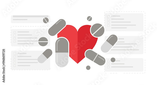 Heart Health Concept: Pills and Capsules Around Red Heart with Infographic Elements