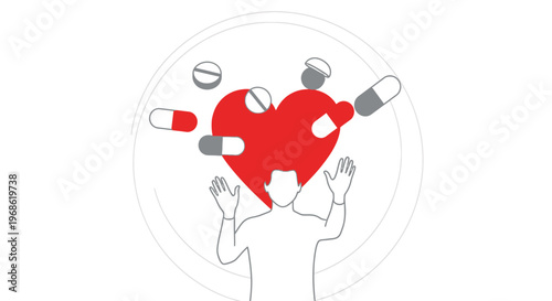 Heart Health Concept: Person With Pills Around Red Heart Icon