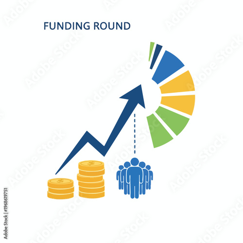 Graphic showing money growth, team, and pie chart for funding