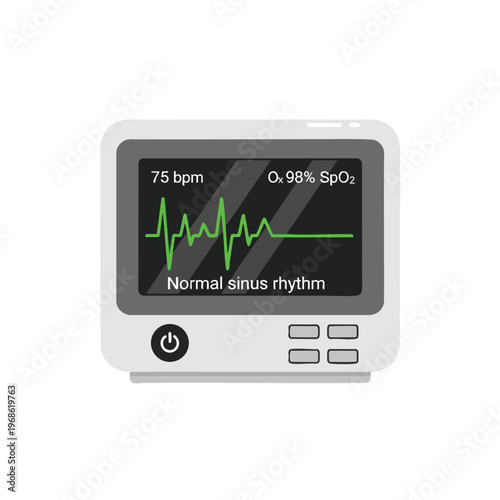 A bedside monitor displays 75 bpm heart rate, 98% oxygen, and normal sinus rhythm