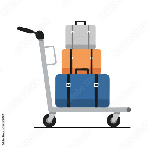 Stack of three colorful suitcases on a wheeled luggage cart
