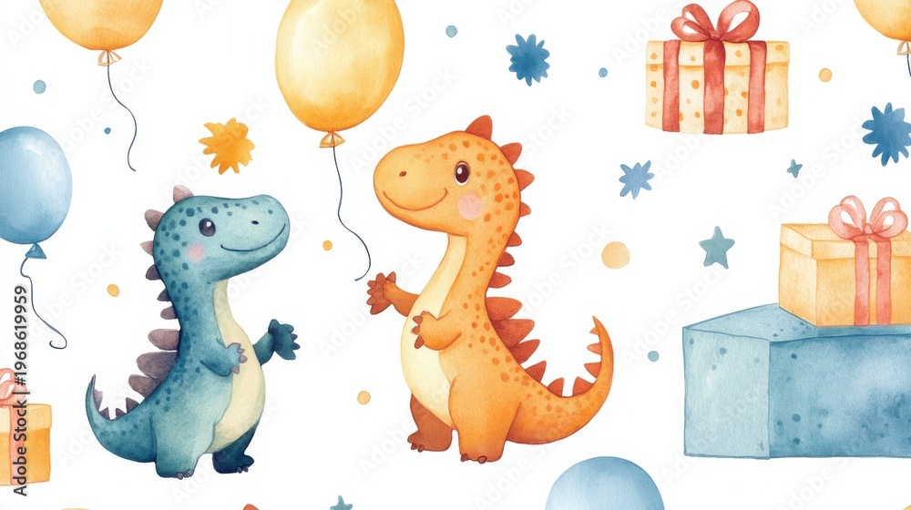 Naklejka premium baby dinosaur seamless pattern with balloons and gifts, watercolor, white background
