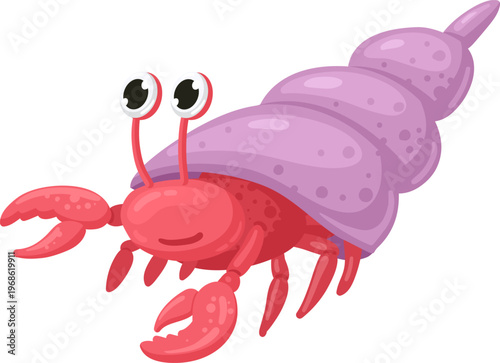 Cartoon hermit crab wearing a purple conical shell