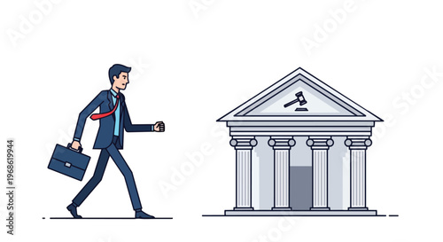 Businessman walking towards courthouse building for legal proceedings