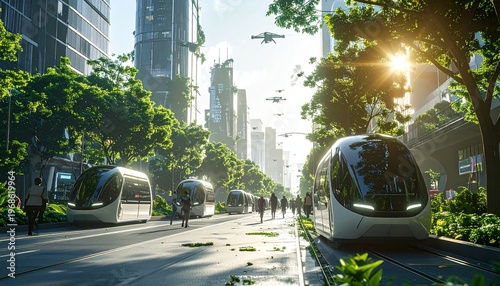 Futuristic Green Cityscape with Autonomous Vehicles and Lush Vegetation.