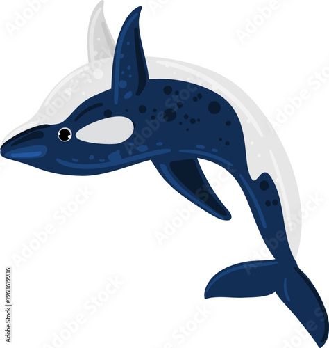 Cartoon killer whale jumping with abstract silhouette