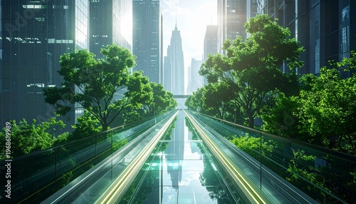 Futuristic Green Cityscape - Sustainable Urban Design with Lush Vegetation.