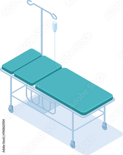 Empty hospital gurney with iv pole in isometric view