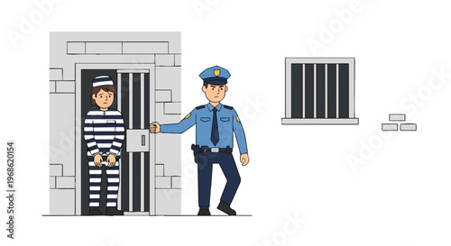 Police Officer Guarding Prisoner at Jail Cell Entrance