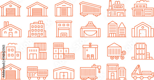 Collection of various industrial and warehouse building icons isolated on transparent background