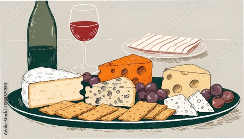Gigapixel Cheese Board with Assorted Cheeses Crackers and Grapes Illustration
