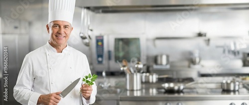 Smiling male chef in uniform holding a knife and parsley in a professional kitchen. Wide banner format with copy space for culinary courses, cooking masterclasses, or restaurant advertisement