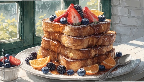 Gigapixel French Toast Stack with Fruits and Syrup, Arranged for Standard 4x View
