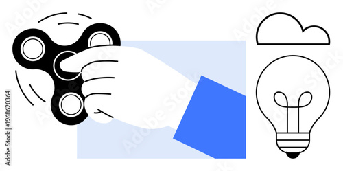 Fidget spinner concept. A hand spinning a fidget spinner, focus and relaxation. Fidget spinner with additional creativity symbols thumbs up a lightbulb and cloud. Useful for mindfulness, stress